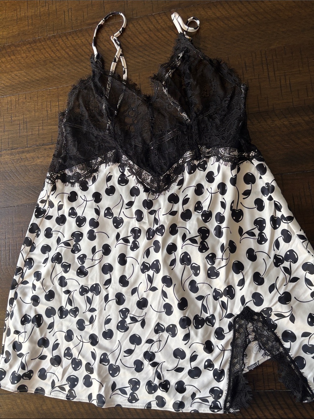 New W/O Tags Black Lace & Cherry Print Satin and Lace Slip